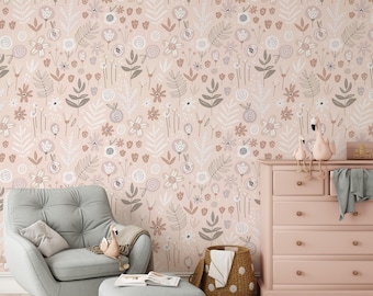Pink Floral Nursery Wallpaper, Peel and Stick Baby Girl Wall Mural, Botanical Room Decor