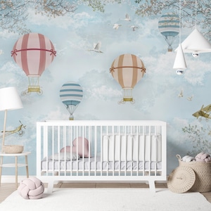 Carta da parati murale con mongolfiera per la cameretta dei bambini, carta da parati con cielo e nuvole, carta da parati murale pastello per la cameretta dei bambini, decorazioni per la cameretta personalizzate