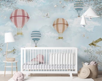 Peel-and-Stick-behang heteluchtballon, pastelkleurige wolken verwijderbare kinderkamermuurschildering