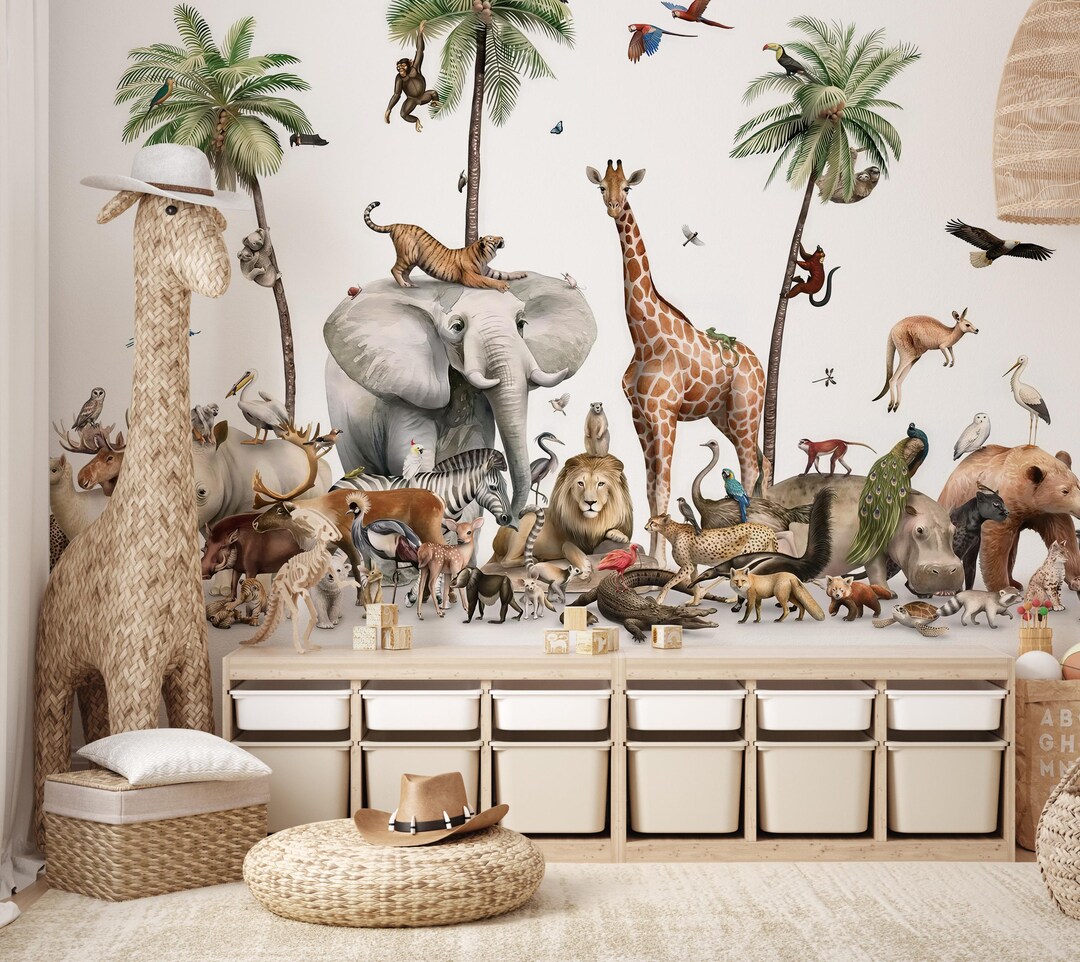 Safari Jungle Animals Wall Mural, Peel and Stick Removable Kids Room ...