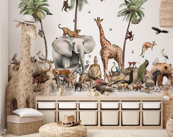 Mural de parede de animais da selva Safari, papel de parede removível e autoadesivo para quarto infantil