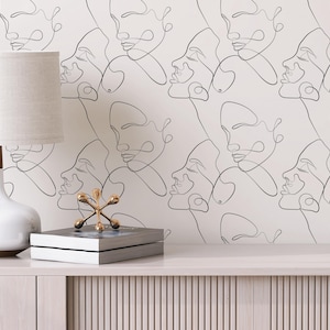 Line Art Face Wallpaper – Minimalist Wall Mural – Black and White Abstract Face Pattern – Modern Peel and Stick Wall Art, Art Wallpaper