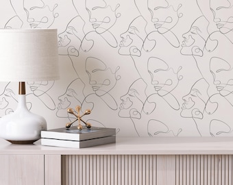 Papel pintado autoadhesivo con diseño de líneas y rostros, mural minimalista en blanco y negro