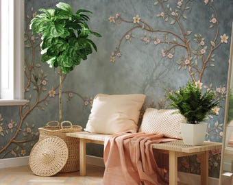 Cherry Blossom Wall Mural – Floral Wallpaper Peel and Stick for Bedroom – Watercolor Tree Branches – Peel and Stick or Traditional Paste