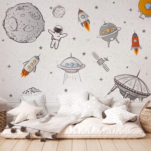Papel tapiz infantil con temática espacial, cohetes de dibujos animados, mural de astronautas ovnis, arte de pared de galaxia despegable y pegable para sala de juegos o guardería, papel tapiz infantil