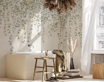 Ivy Floral Chinoiserie Peel and Stick Wallpaper, Green Leaf Botanical Removable Mural