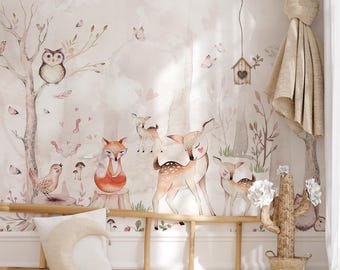 Watercolor Woodland Peel and Stick Nursery Wallpaper, Forest Animal Mural with Deer Fox Owl