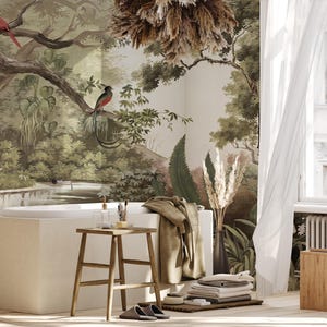 May include: A bathroom scene featuring a white bathtub, wooden stool, and a jungle-themed mural. A stack of folded towels, a robe, and slippers are placed near the tub. The room has a window with white curtains and a wooden cube.