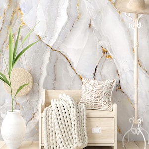 White Gold Marble Peel and Stick Wallpaper, Luxury Stone Effect Removable Wall Mural