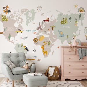Papier peint carte du monde animaux safari, papier peint autocollant pour chambre d'enfant, papier peint amovible, papier peint pour enfants, papier peint éducatif pour chambre d'enfant