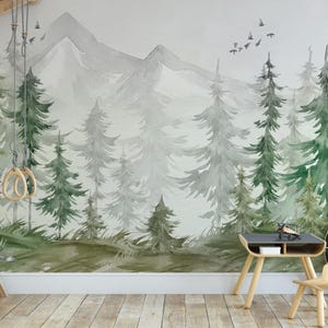 Papel pintado de montaña con bosque de pinos, mural infantil de acuarela, papel pintado autoadhesivo, decoración infantil personalizada con temática de bosque.