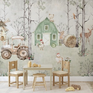 May include: A watercolour illustration of a farm scene featuring a green barn, tractor, windmill, and animals. The scene includes a table, chairs, and wooden toys. The colour palette is soft, with muted greens, browns, and creams.