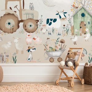 Farm Animal Wallpaper for Kids Room, Peel and Stick Nursery Wallpaper, Removable Nursery Wall Art, Custom Size Wall Decor for Baby Room