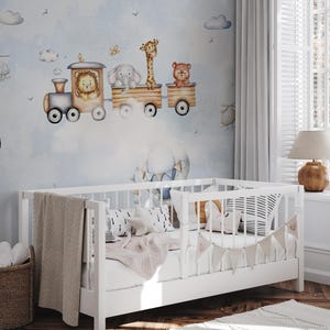 Blue Safari Animal Train Peel and Stick Kids Wallpaper, Removable Nursery Wall Mural
