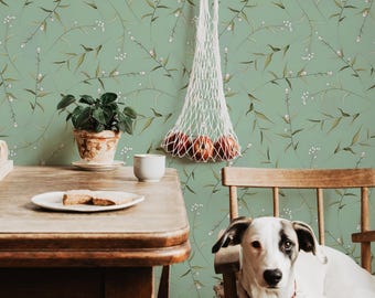 Green Botanical Peel and Stick Wallpaper, Vintage Floral Cottagecore Wall Mural