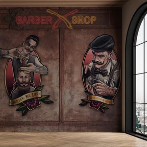 Vintage Barber Shop Peel and Stick Wallpaper, Retro Tattoo Style Mural