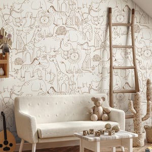 Safari Animal Line Art Wallpaper, Neutral Nursery Peel and Stick Mural