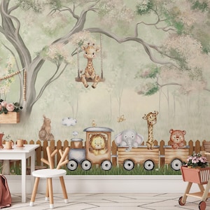 May include: A charming nursery wall mural depicting a giraffe on a swing, a train with animal characters, and a forest scene. The mural includes a rabbit, lion, elephant, and tiger. The color scheme is soft, with pastel greens, pinks, and browns.