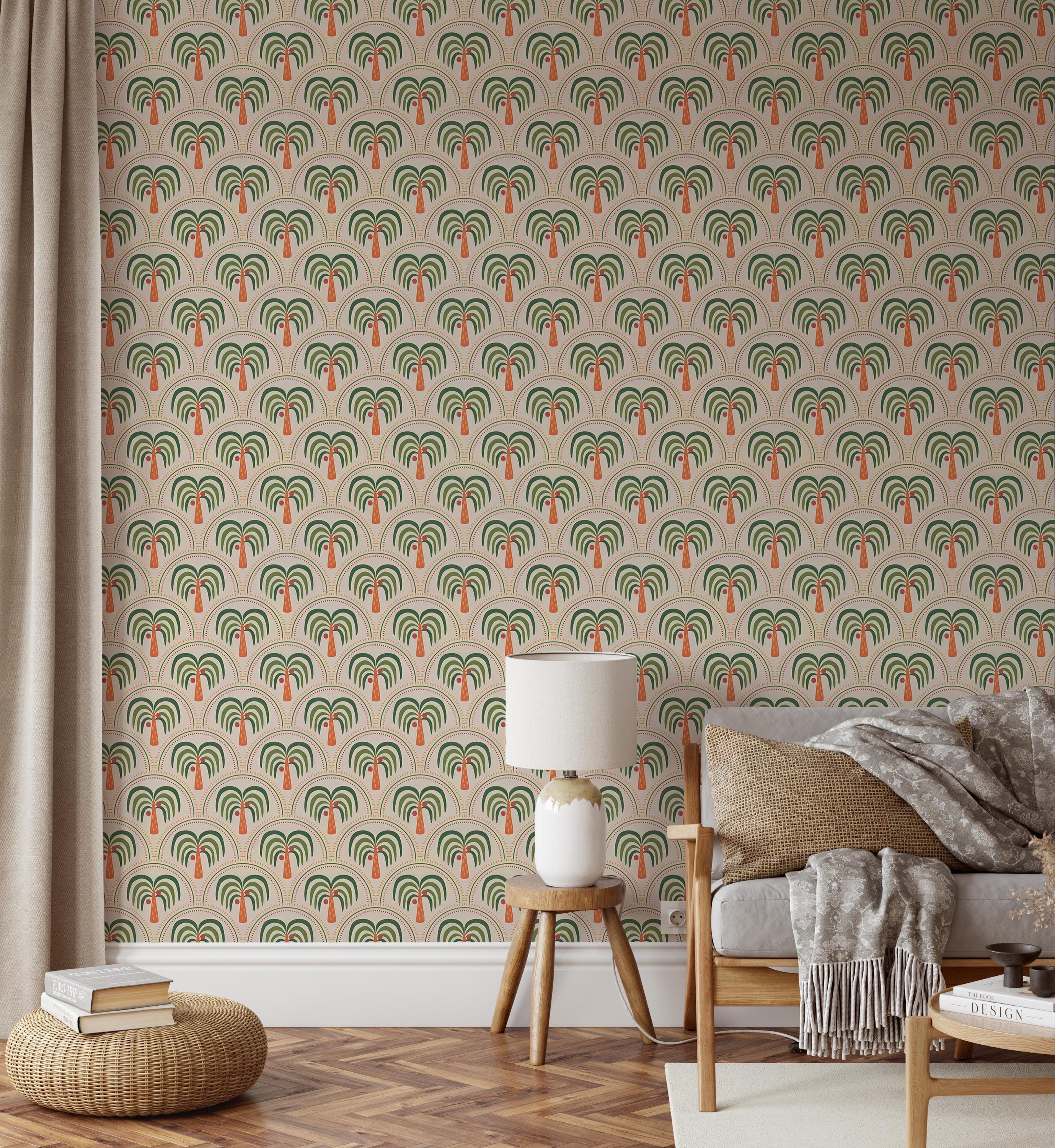 Retro Palm Tree Peel and Stick Wallpaper, Green and Orange Boho Wall Mural