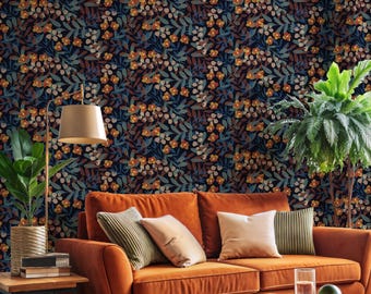 Dark Floral Peel and Stick Wallpaper, Moody Botanical Vintage Wall Mural