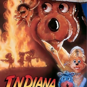 May include: Movie poster for "Indiana Jowls and the Temple of Pizza." The artwork features a cartoon dog wearing a fedora, with other cartoon characters and the film's title in a stylized font. The poster includes the film's credits.