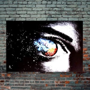 May include: A black and white painting of an eye with a galaxy design in the iris. The eye is detailed with eyelashes and eyebrows, and the iris features a mix of blue, red, and yellow colors. The background is black with white dots.