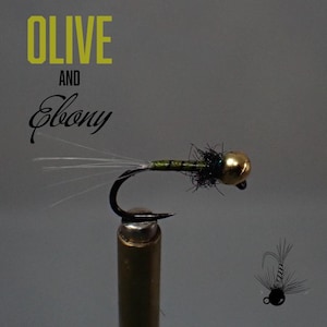 May include: A close-up of a fishing fly with a gold-colored bead head, black body, and olive green accents. The fly is attached to a black hook and is set against a gray background. The words "OLIVE AND Ebony" are in the image.