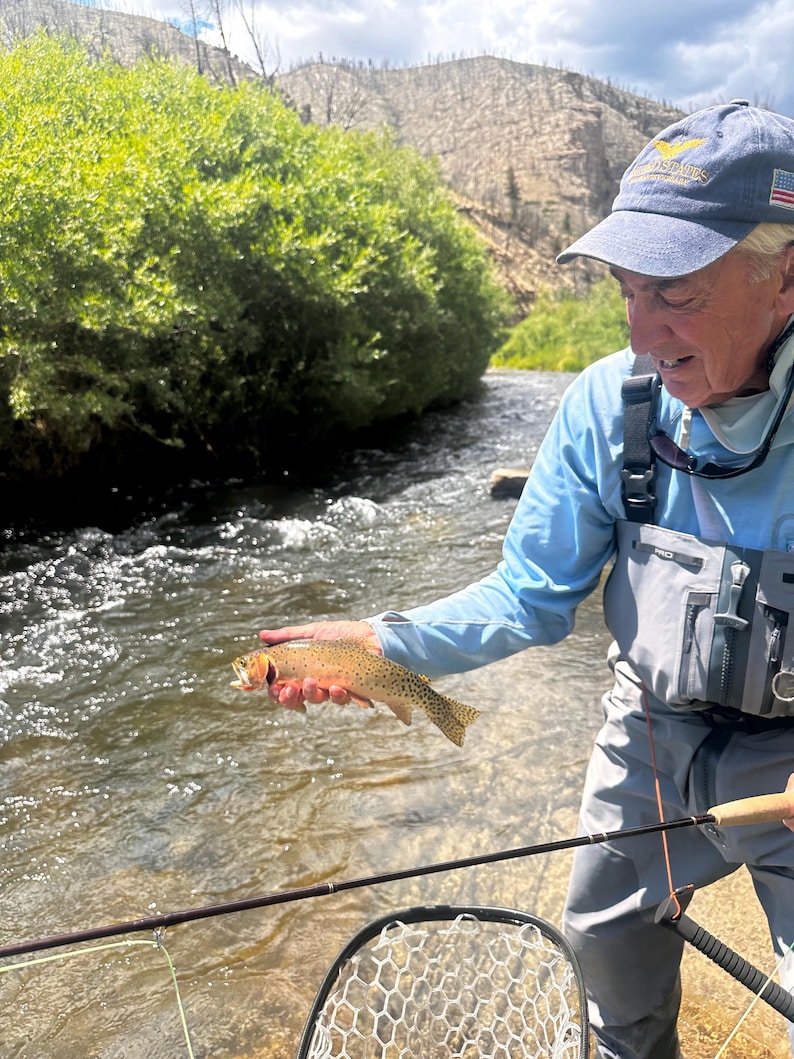 May include: A person wearing a light blue long-sleeve shirt, grey fishing waders, and a blue baseball cap with a small American flag patch, holding a small, speckled brown and orange trout over a flowing river with green bushes and mountains.