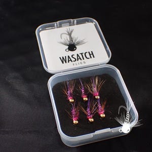 K&ouml;nnte beinhalten: Eine transparente Plastikbox mit sechs Angelk&ouml;dern. Die K&ouml;der haben violette, braune und rosa Fasern mit goldfarbenen Perlen. Der Deckel der Box tr&auml;gt den Text "WASATCH FLIES" und eine Grafik einer Fliege.