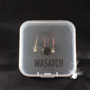 May include: A clear plastic fly fishing box with the text "WASATCH FLIES" printed on the front. The box contains two fishing flies with black, brown, and gold accents. The flies are displayed against a dark background.