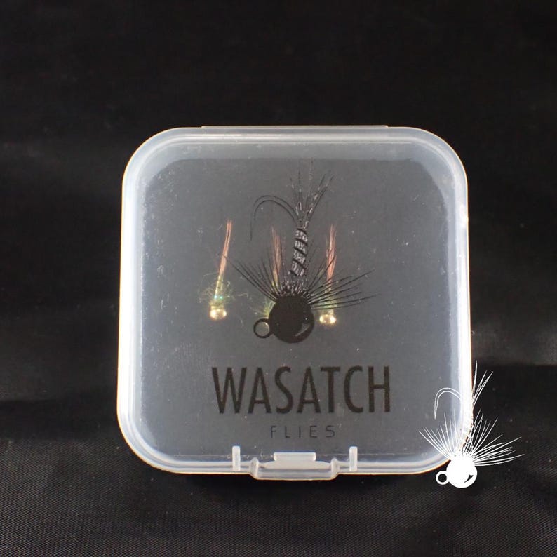 May include: A clear plastic fly fishing box with the text "WASATCH FLIES" printed on the front. The box contains two fishing flies with black, brown, and gold accents. The flies are displayed against a dark background.