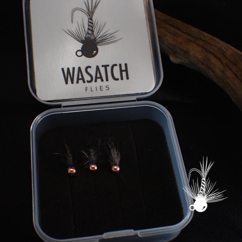 May include: A small, open, clear plastic box containing three fishing flies. The flies have dark gray bodies and copper-colored beads. The box lid has the text "WASATCH FLIES" and a graphic of a fly.