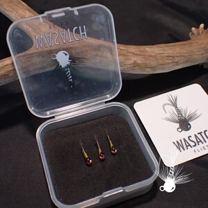 May include: A clear plastic case containing three fishing flies with brown, yellow, and black details. The case is open, revealing the flies nestled in black foam. A white card with the text "WASATCH FLIES" and a fly illustration is visible.