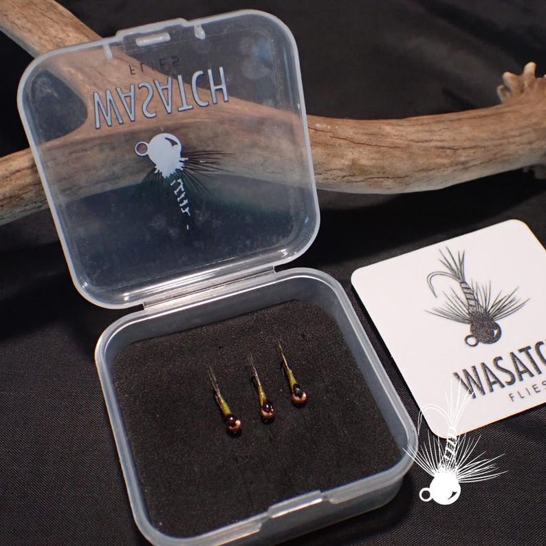 May include: A clear plastic case containing three fishing flies with brown, yellow, and black details. The case is open, revealing the flies nestled in black foam. A white card with the text "WASATCH FLIES" and a fly illustration is visible.