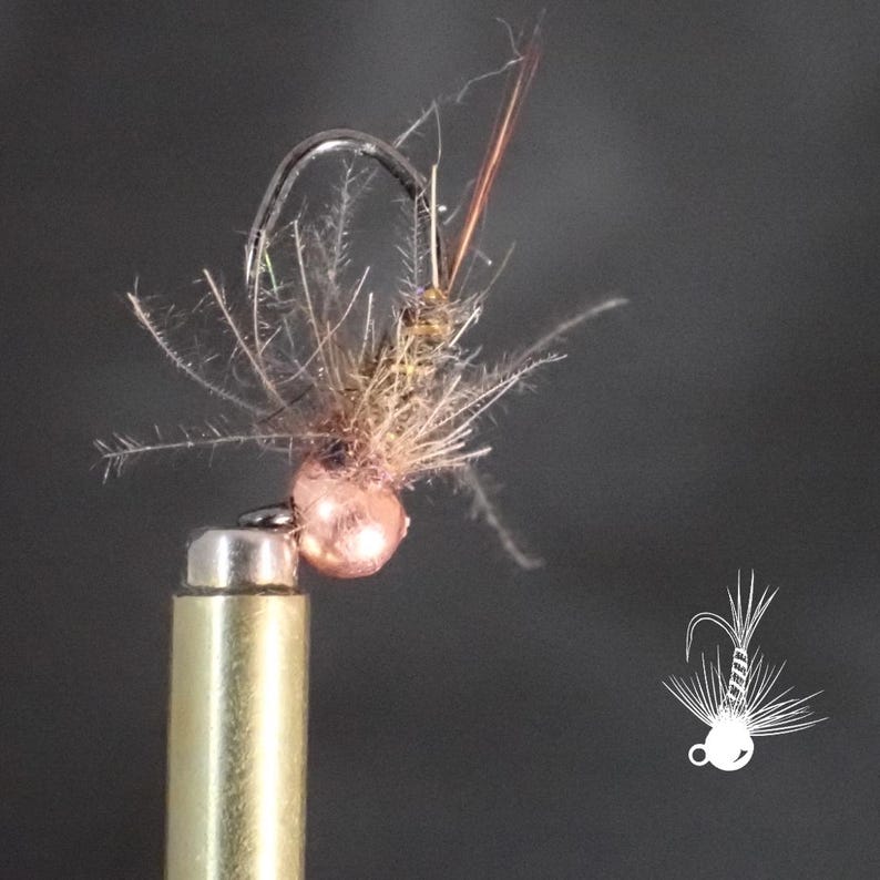 May include: A fishing fly lure featuring a metallic copper-colored bead head, a curved steel hook, and a body constructed from textured brown fibers and thin, wispy filaments. A small white line-art illustration of the fly is visible in the corner.