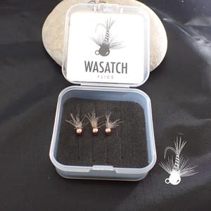 May include: A clear plastic box containing three fishing flies with copper-colored beads and feather details. The box is open, revealing the flies nestled in black foam. The lid displays the text "WASATCH FLIES".