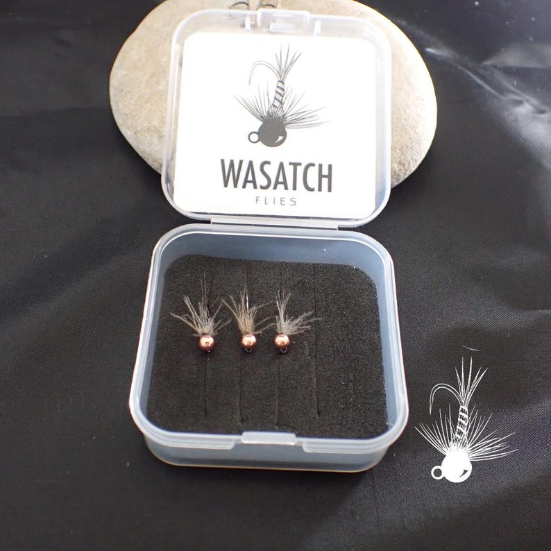 May include: A clear plastic box containing three fishing flies with copper-colored beads and feather details. The box is open, revealing the flies nestled in black foam. The lid displays the text "WASATCH FLIES".