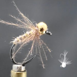 May include: Close-up of a fishing fly with a gold-colored bead head and a curved hook. The fly has delicate, feathery wings and a light brown body. A small, white illustration of the fly is in the bottom right corner.