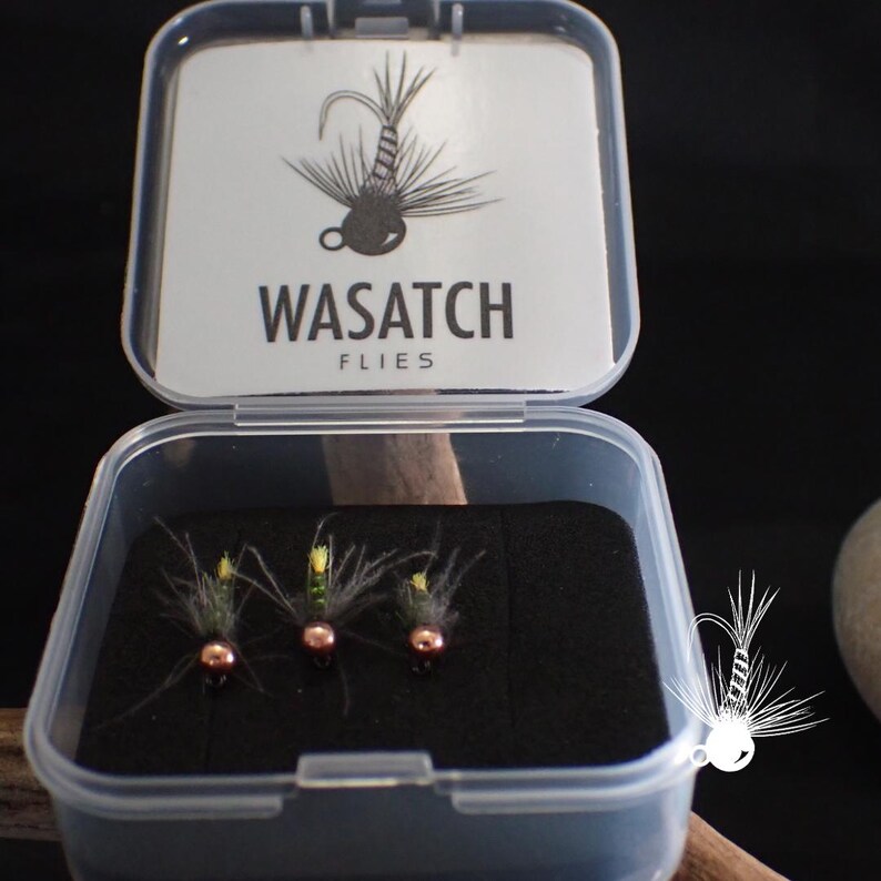 May include: A clear plastic box containing three fishing flies. The flies have copper-colored beads, green and yellow accents, and feathery wings. The box lid features the text "WASATCH FLIES" and a fly illustration.