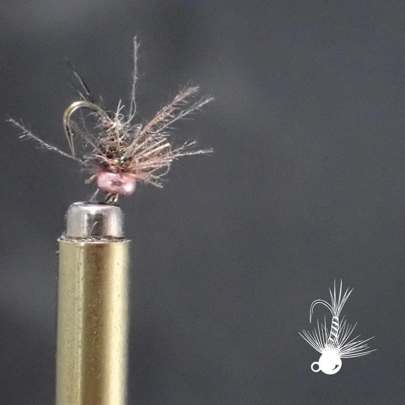 May include: A close-up of a fly fishing lure. The lure has a small, pink bead and a hook with brown and grey feathers. The lure is attached to a brass-coloured metal rod. A white illustration of the lure is in the bottom right corner.