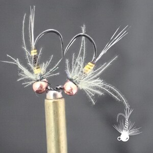 May include: Two fishing flies with curved hooks, copper-colored beads, and white feather accents. The flies are attached to a brass-colored rod, set against a gray background. A small, white graphic of a fly is in the lower right corner.