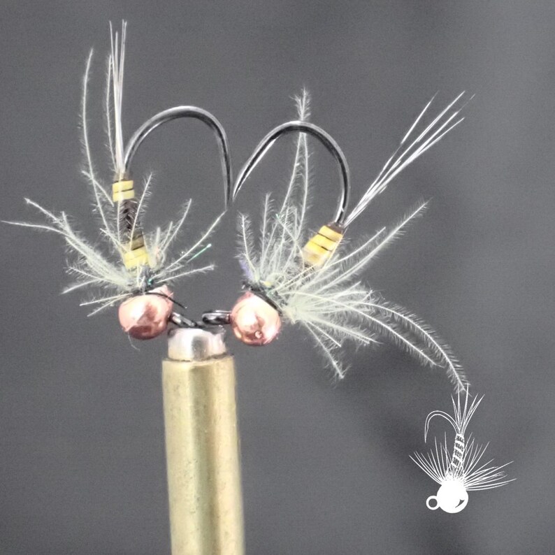 May include: Two fishing flies with curved hooks, copper-colored beads, and white feather accents. The flies are attached to a brass-colored rod, set against a gray background. A small, white graphic of a fly is in the lower right corner.