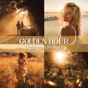 Puede incluir: Un collage de cuatro imágenes con una cálida combinación de colores dorados. Las imágenes incluyen una pareja cerca de un coche clásico, una mujer en una playa, una persona corriendo por un campo y una escena de picnic. El texto superpuesto dice "GOLDEN HOUR Lightroom Presets."