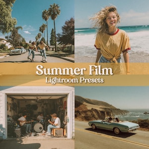 May include: A collage of four images with a vintage aesthetic. Scenes include people skateboarding, a woman at the beach, a band playing in a garage, and a convertible driving along a coastal road. Text overlay: "Summer Film Lightroom Presets."