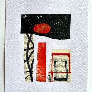 Collage astratto con tecniche miste, arte su carta ruvida, colori vivaci, moderna decorazione murale.