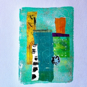 Abstract mixed media collage, textured paper art, vibrant colours, modern wall decor.