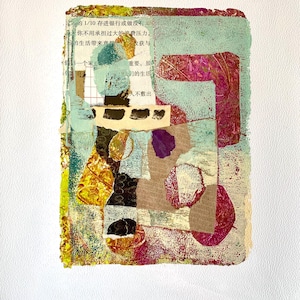 Abstract mixed media collage, textured paper art, vibrant colors, modern wall decor, layered collage and gelatine print.