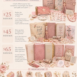 May include: A collection of faith-themed gift boxes featuring pink floral designs, including Bibles, journals, stationery, stickers, washi tape, prayer cards, keychains, and tote bags with various religious quotes and scripture verses printed on them.