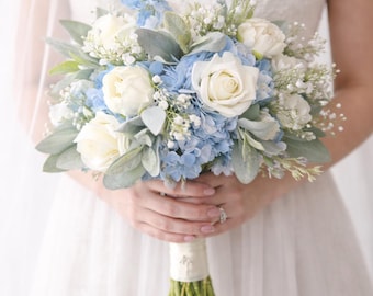 Dusty Blue & White Bridal Bouquet, Faux Hydrangea Rose Bouquet, Something Blue Wedding Flowers, Silk Wedding Bouquet, Romantic Garden Style