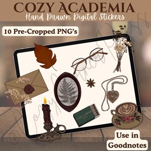 Puede incluir: Pegatinas digitales con temática de academia acogedora, con ilustraciones dibujadas a mano. La imagen incluye una tableta que muestra varios PNG, como una hoja, gafas, un helecho enmarcado, una vela, una taza de café y un sobre. El texto dice "COZY ACADEMIA" y "10 Pre-Cropped PNG's."